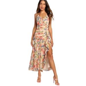 NWT Lulu's Stunning Soiree Blush Pink Floral Print Ruched Midi Dress